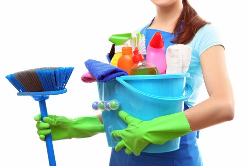 Professional cleaner maintaining shared hallway surfaces