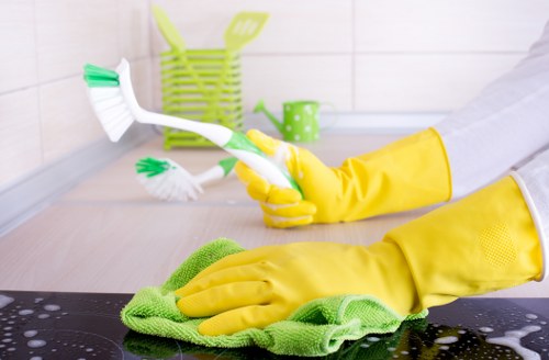 Detailed after builders cleaning of a modern kitchen after renovation