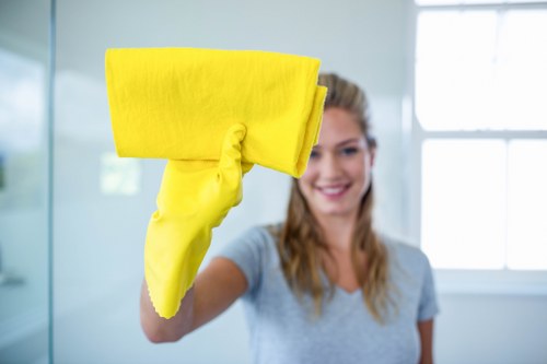 Essential house cleaning supplies arranged neatly